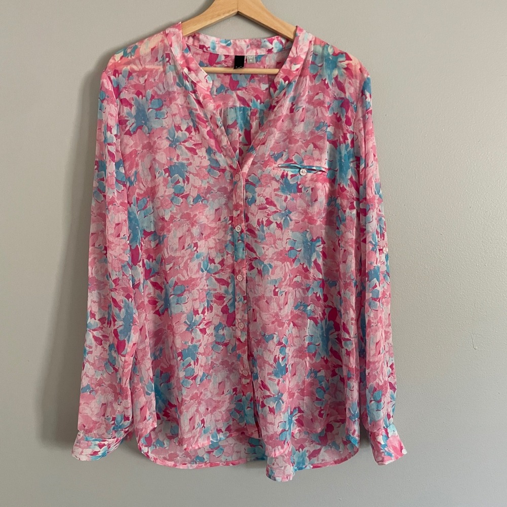 KUT from the Kloth Blouse Womens XL Pink Blue Floral Roll Tab Sleeve Boho Top - Picture 2 of 9